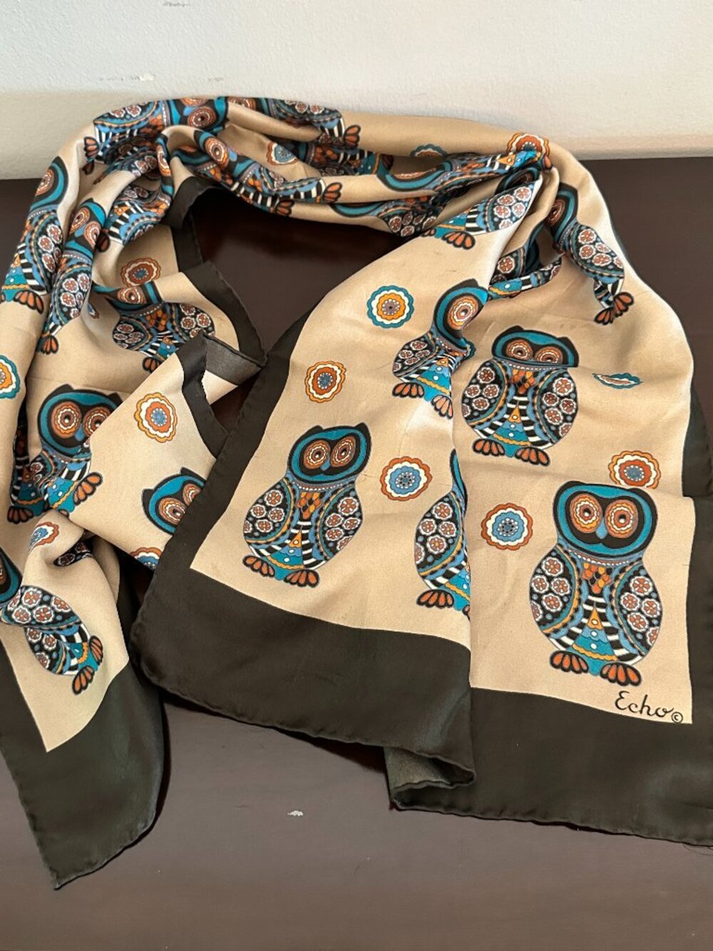Vintage Echo Scarf Owls 100% Silk 15" x 44" Brown Tan